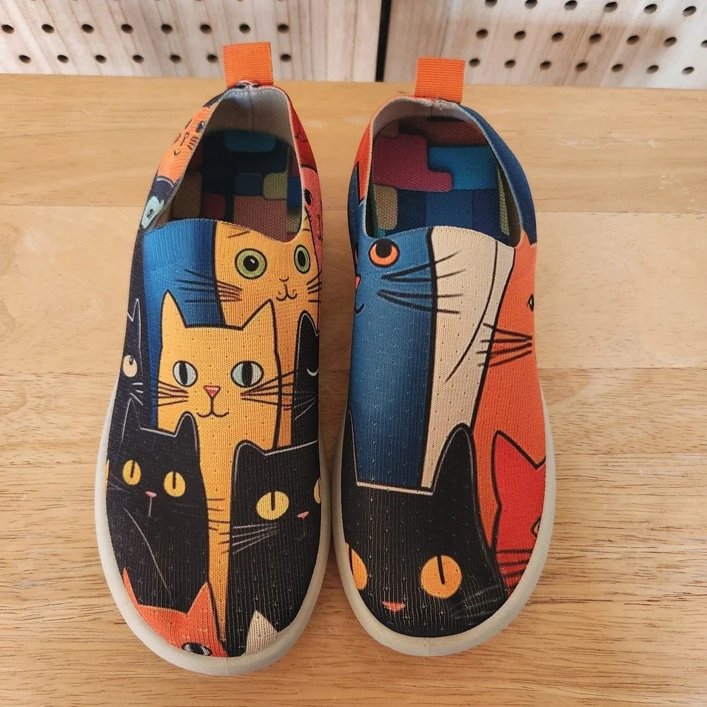 Cat Slip On Art Deco Colorful Shoes Size 9.5 Pet Kitty Unique - Picture 2 of 7